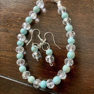 NWOT. Handmade turquoise and crystal beaded bracelet and earrings